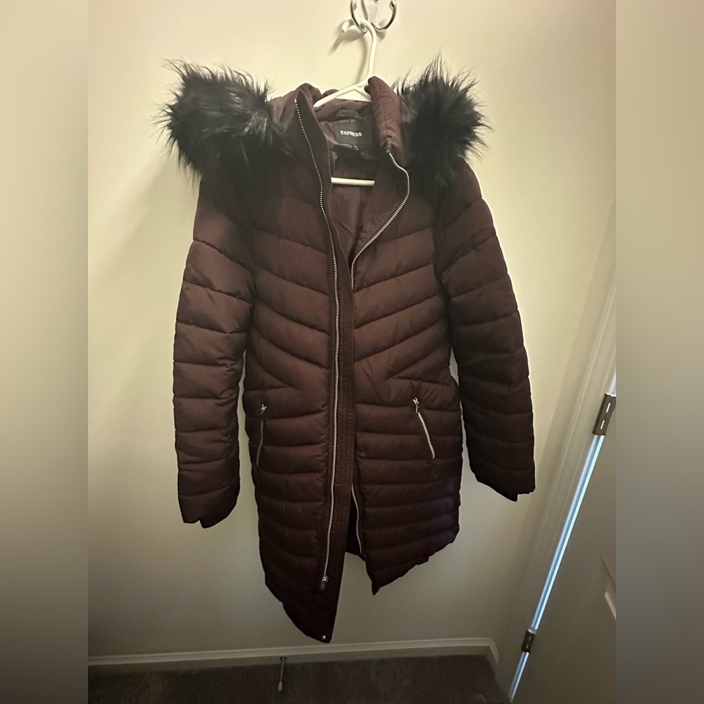 Express Dark Burgundy Puffer Jacket with Faux Fur Trim